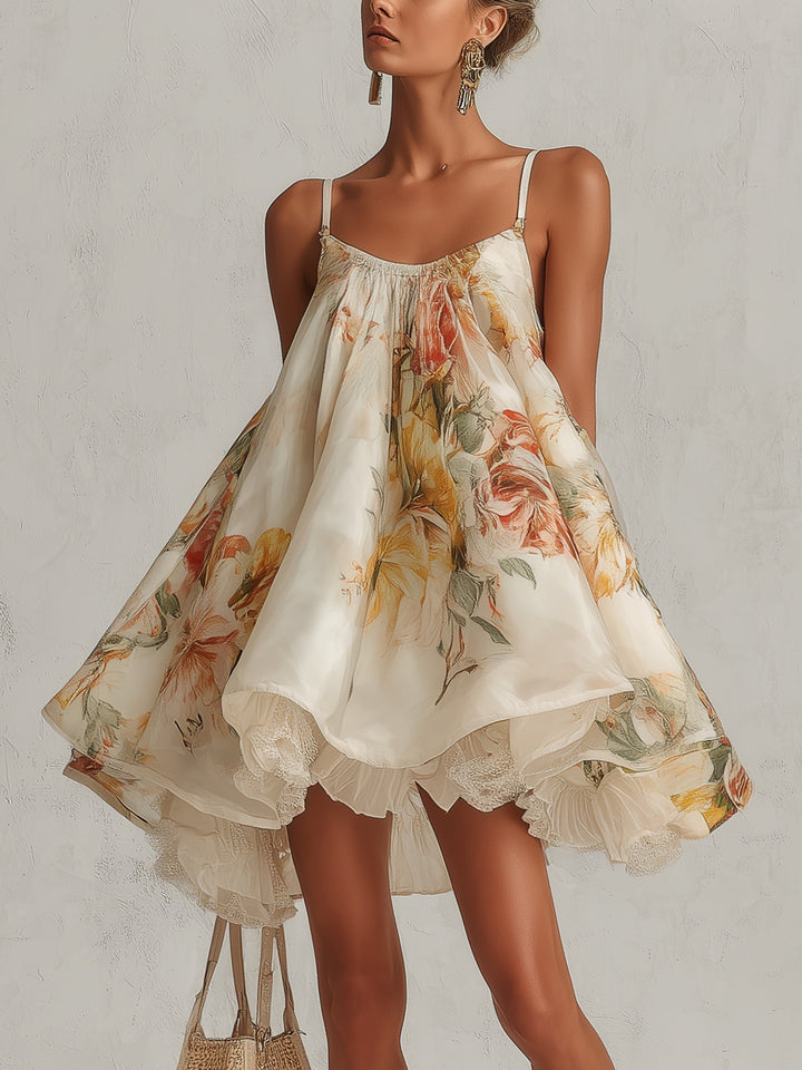 Blanche | Mini Abito A Campana in Organza con Fiori Beige e Bordo in Pizzo