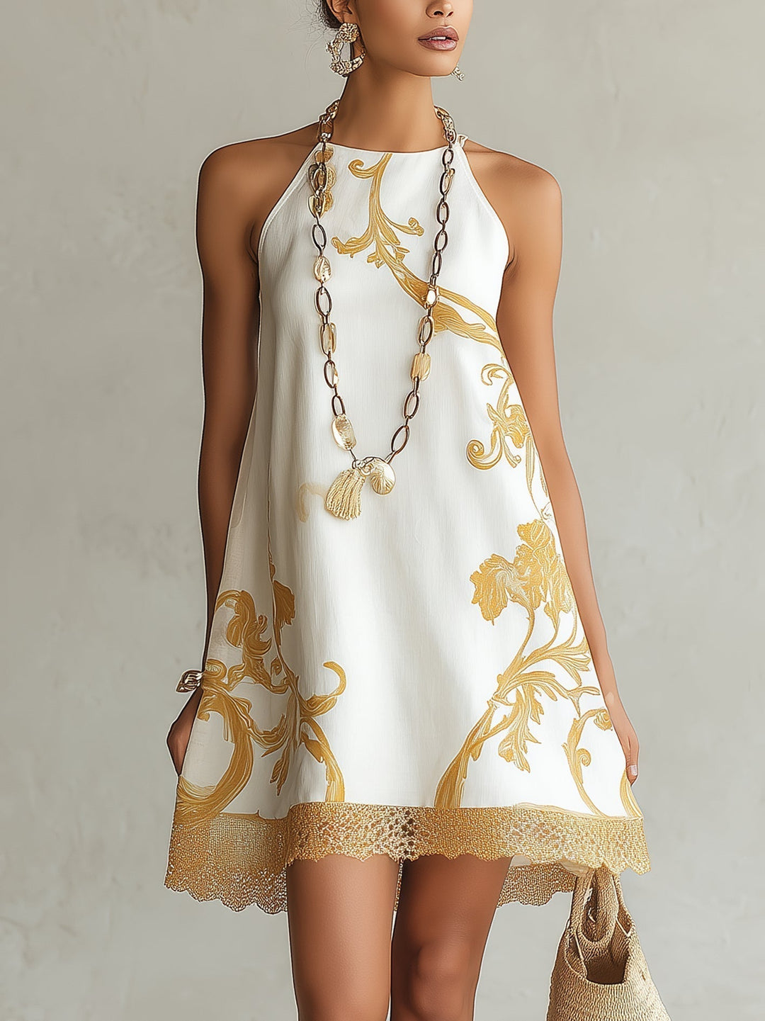 Héloïse | Mini Dress in White Lace with Golden Accents