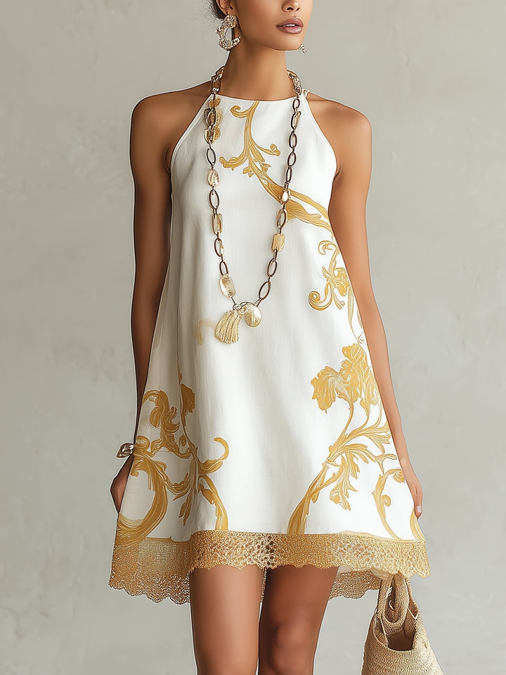 Héloïse | Mini Dress in White Lace with Golden Accents