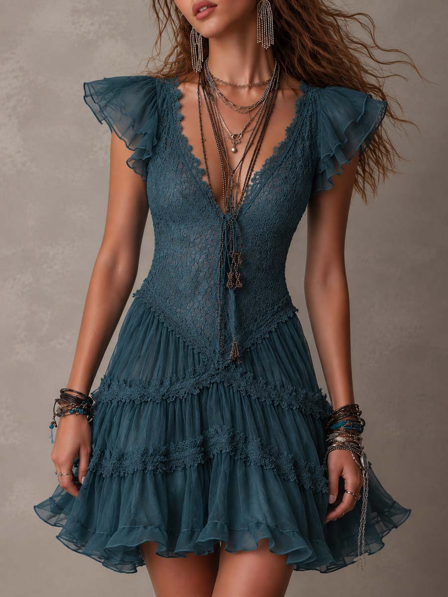 Lucrezia | Retro Blue Lace and Muslin Ruffle Mini Dress