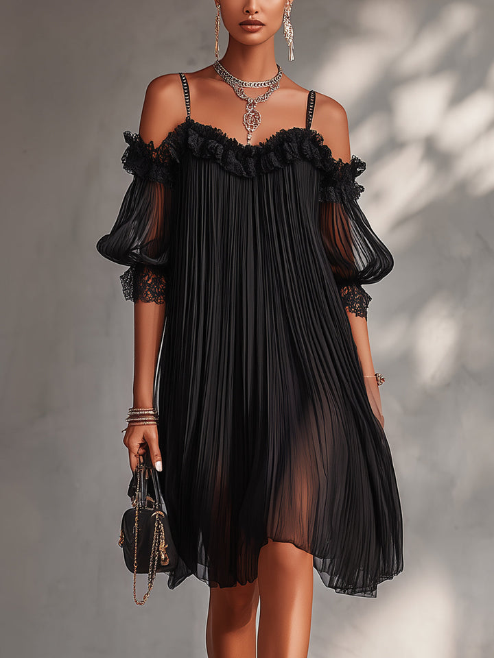 Leonia | Black Off-the-Shoulder Mini Dress with Lace Trim