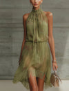 Silvia | Green Floral High-Waisted Muslin Mini Dress