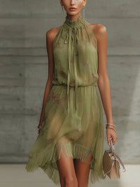 Silvia | Green Floral High-Waisted Muslin Mini Dress