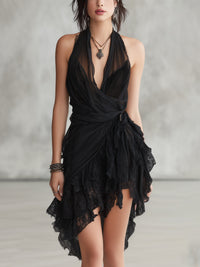 Selene | Black Lace Halter Mini Dress with Ruffles