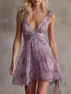 Violetta | Retro Purple Floral-Stripe Muslin Mini Dress