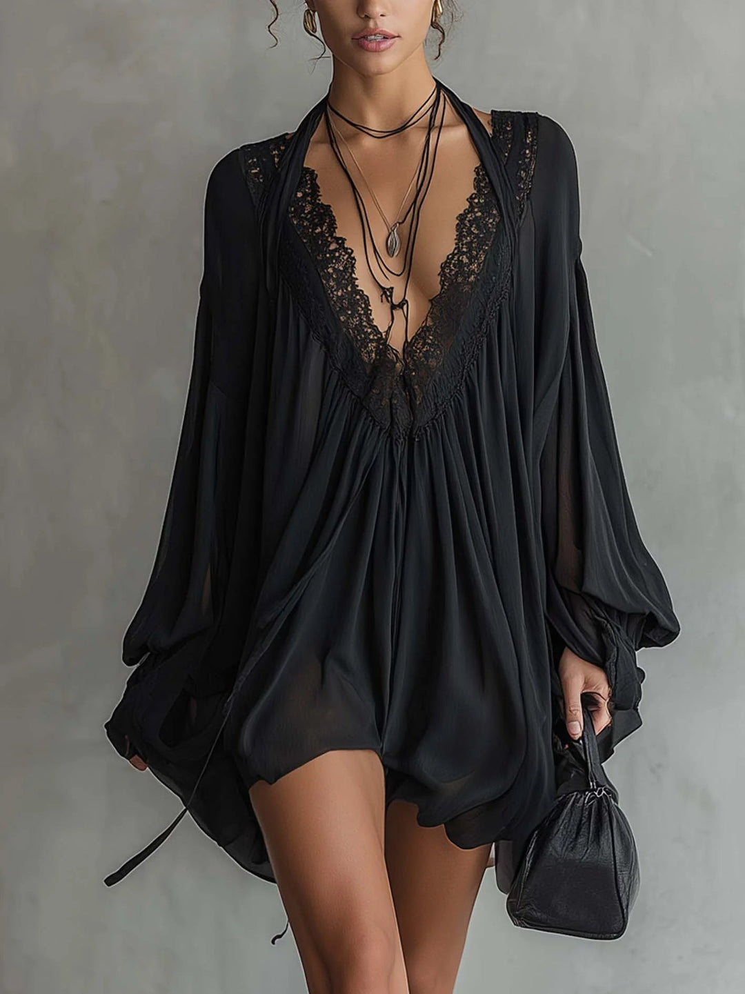 Cassandra | Black Muslin Mini Dress with Lace Neckline