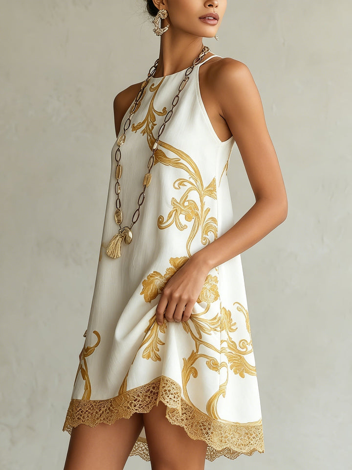 Héloïse | Mini Dress in White Lace with Golden Accents