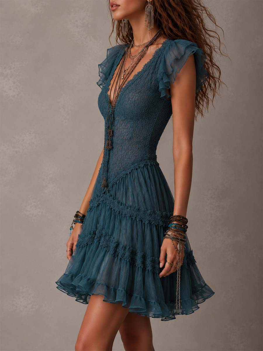 Lucrezia | Retro Blue Lace and Muslin Ruffle Mini Dress