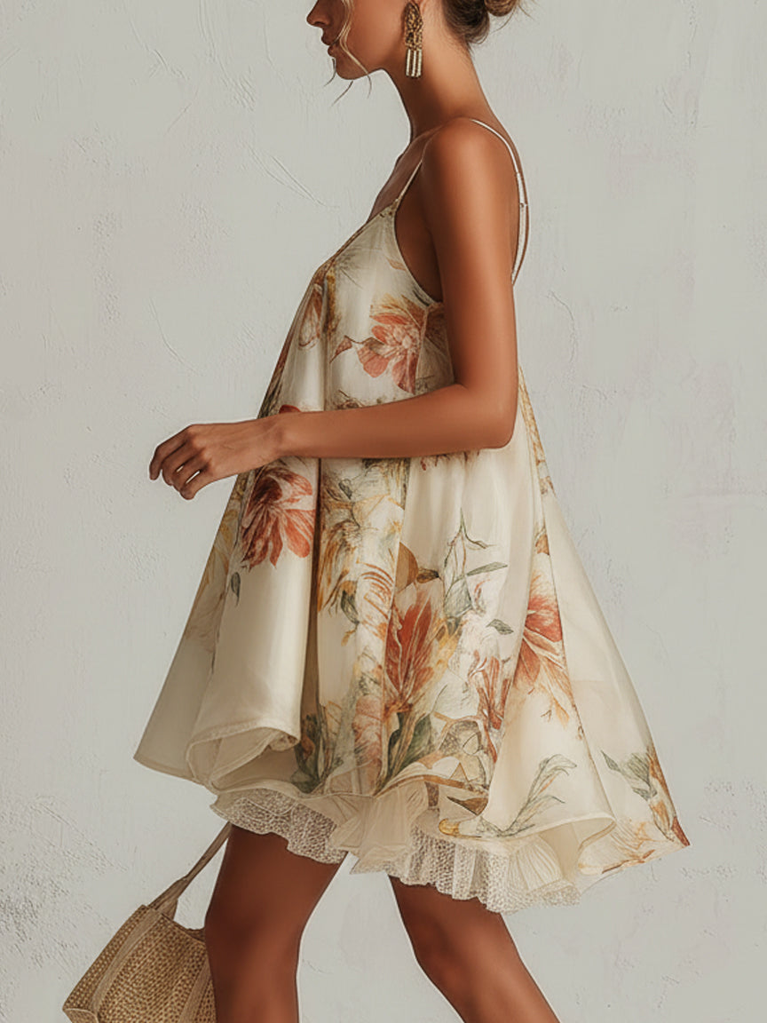 Blanche | Mini Abito A Campana in Organza con Fiori Beige e Bordo in Pizzo
