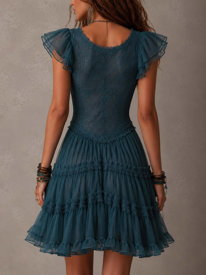 Lucrezia | Retro Blue Lace and Muslin Ruffle Mini Dress