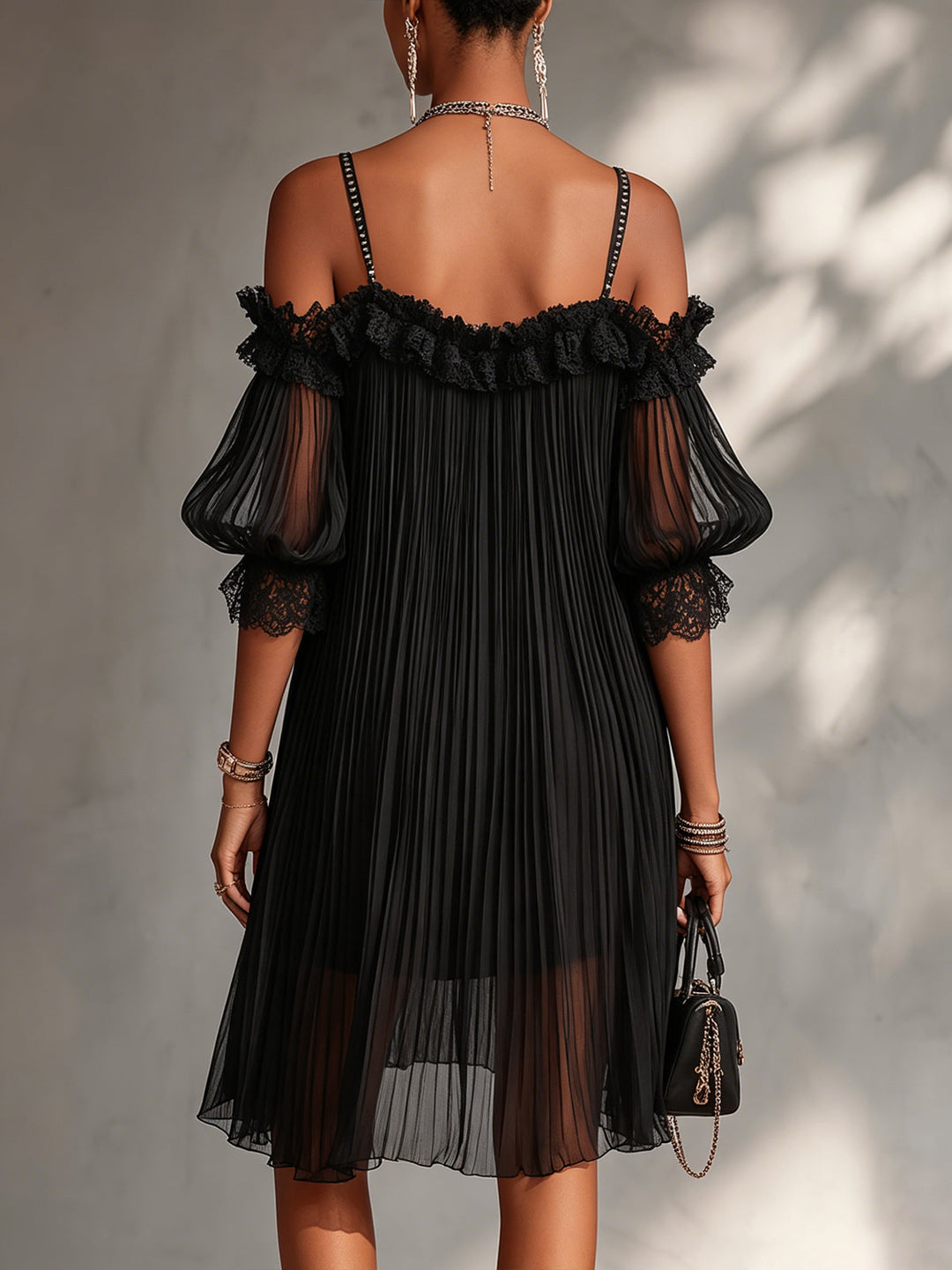 Leonia | Black Off-the-Shoulder Mini Dress with Lace Trim