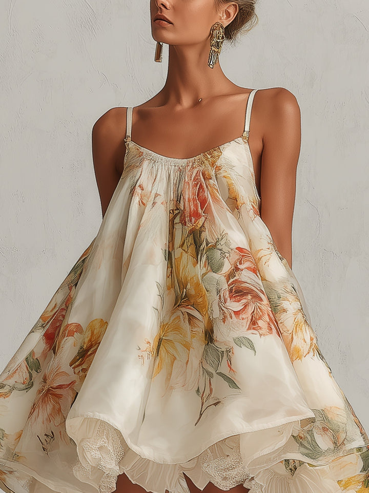 Blanche | Mini Abito A Campana in Organza con Fiori Beige e Bordo in Pizzo