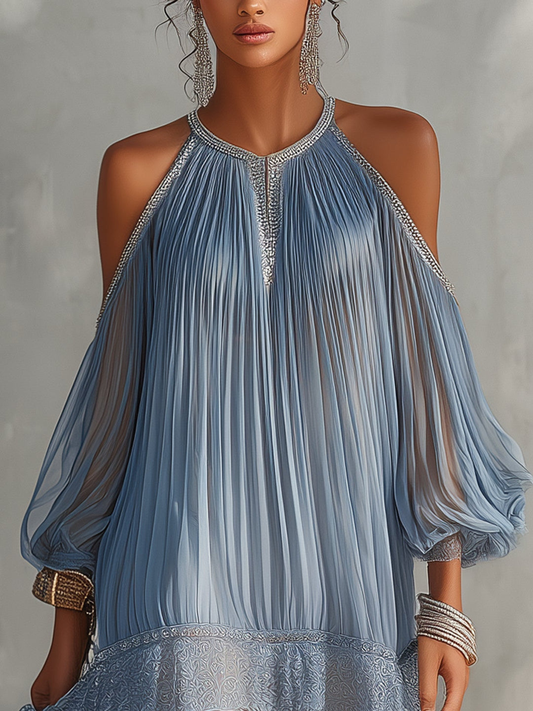 Séraphine | Abito Mini Blu con Spalle Scoperte e Orlo in Pizzo Arricciato