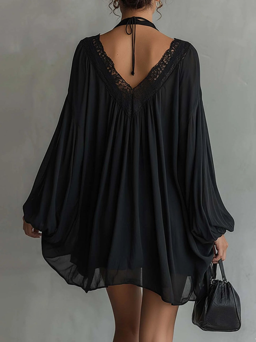 Cassandra | Black Muslin Mini Dress with Lace Neckline
