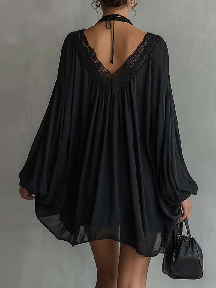 Cassandra | Black Muslin Mini Dress with Lace Neckline