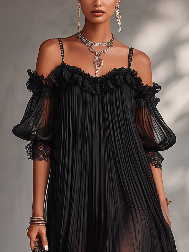 Leonia | Black Off-the-Shoulder Mini Dress with Lace Trim