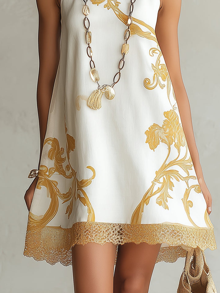 Héloïse | Mini Dress in White Lace with Golden Accents