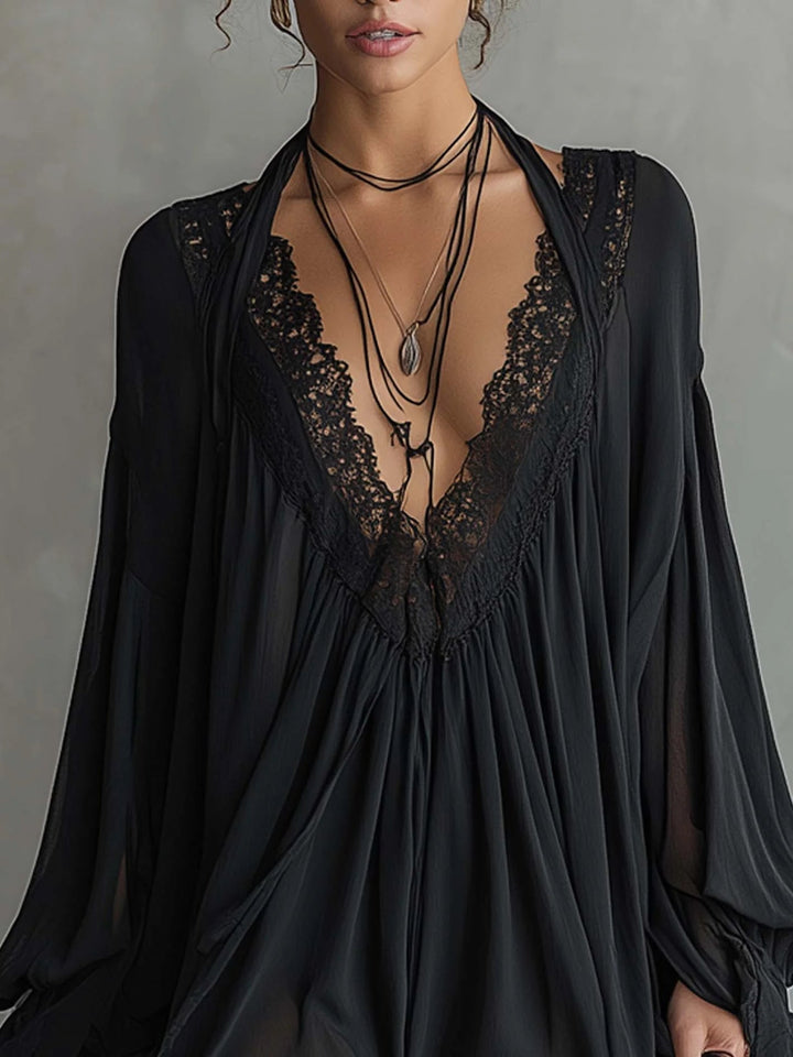 Cassandra | Black Muslin Mini Dress with Lace Neckline