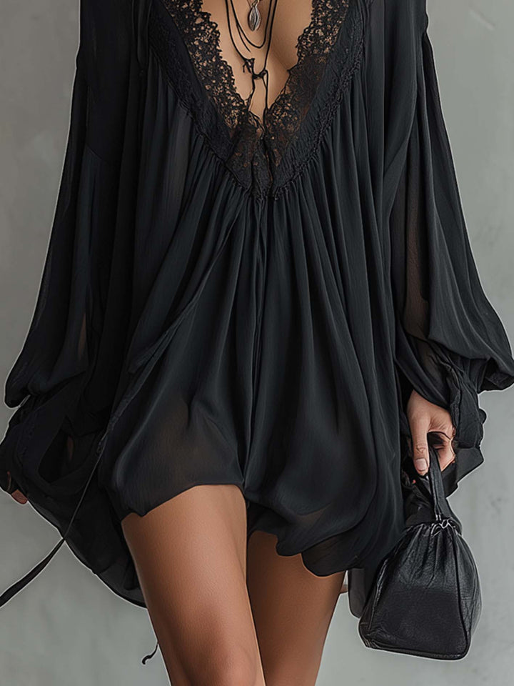 Cassandra | Black Muslin Mini Dress with Lace Neckline
