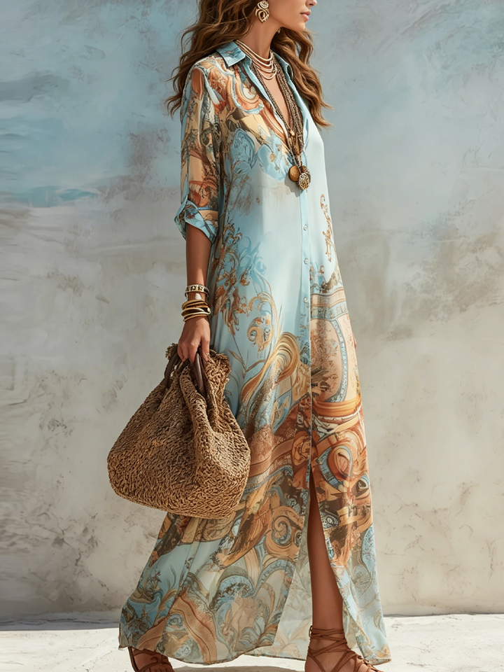 Abito Maxi in Chiffon Blu Floreale Stile Barocco