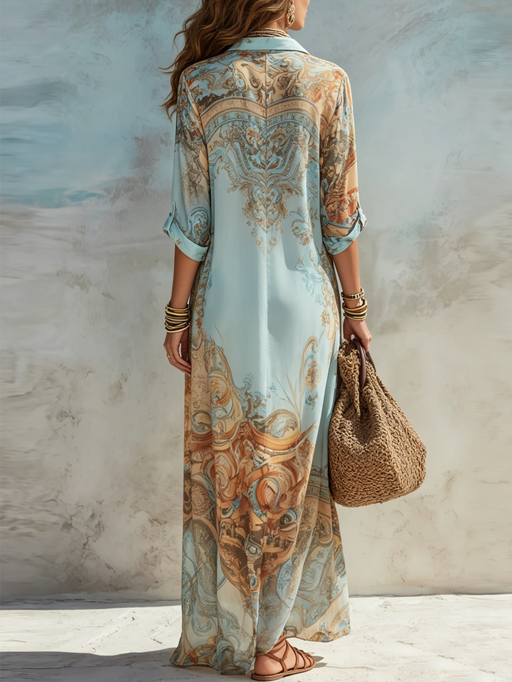 Abito Maxi in Chiffon Blu Floreale Stile Barocco