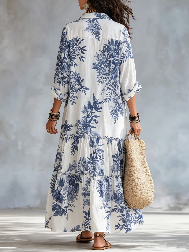 Abito Maxi Boho Blu Floreale con Bottoni