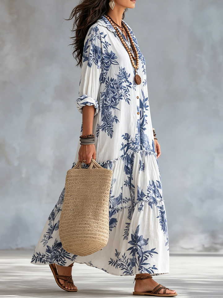 Abito Maxi Boho Blu Floreale con Bottoni
