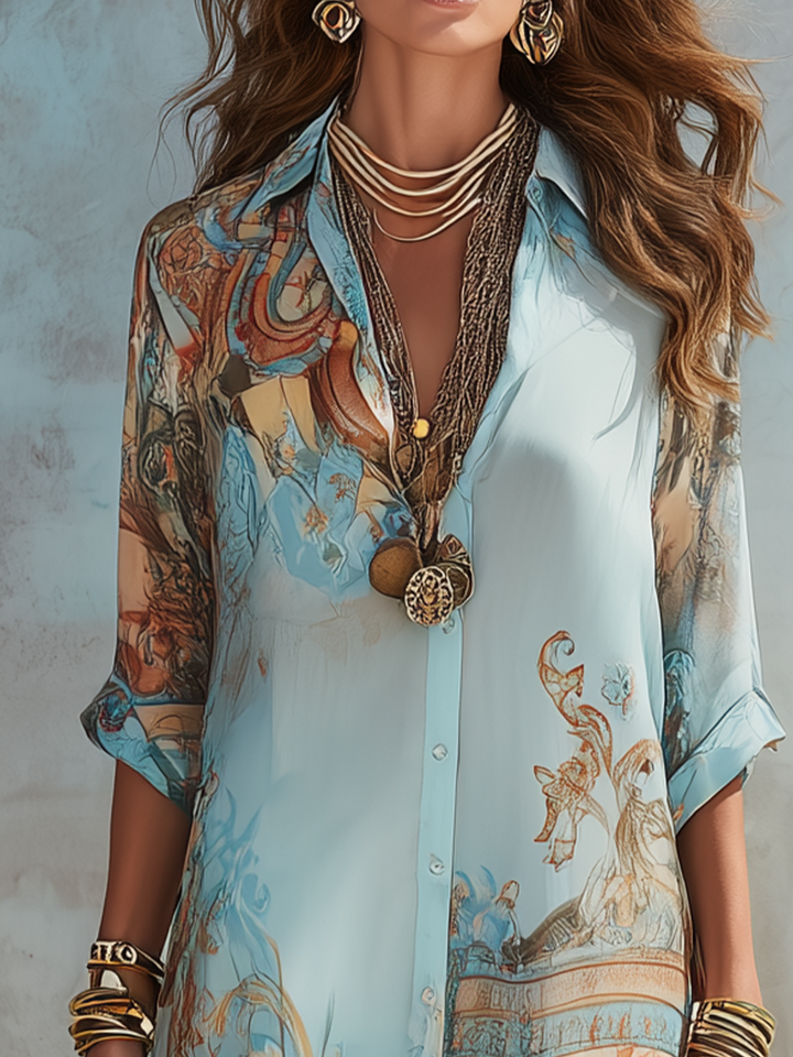 Abito Maxi in Chiffon Blu Floreale Stile Barocco