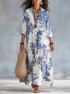 Abito Maxi Boho Blu Floreale con Bottoni