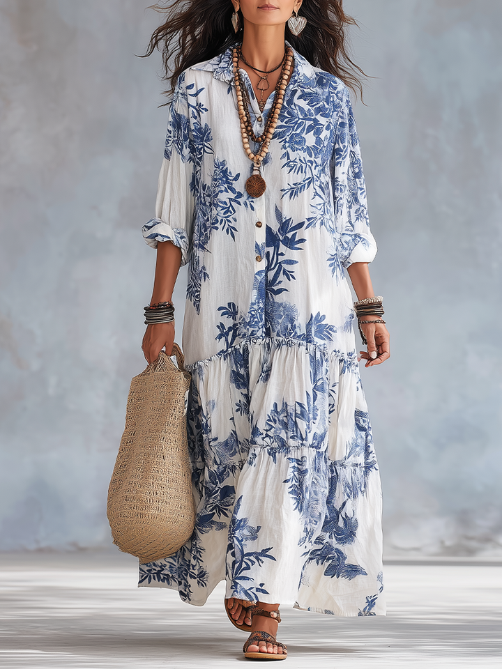 Abito Maxi Boho Blu Floreale con Bottoni