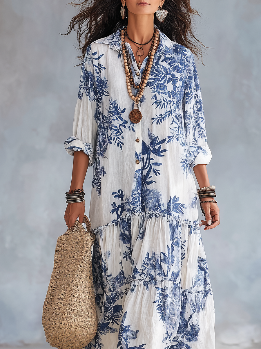Abito Maxi Boho Blu Floreale con Bottoni