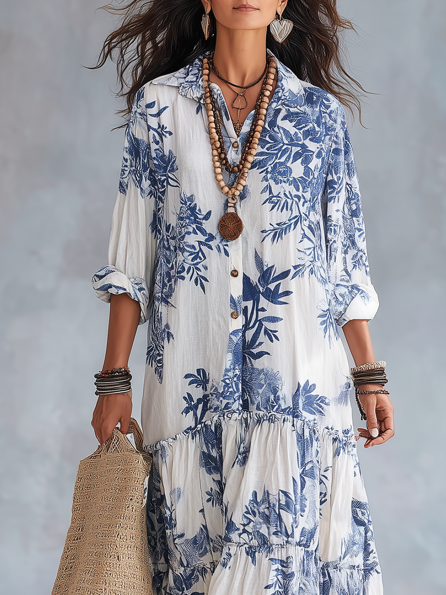 Abito Maxi Boho Blu Floreale con Bottoni