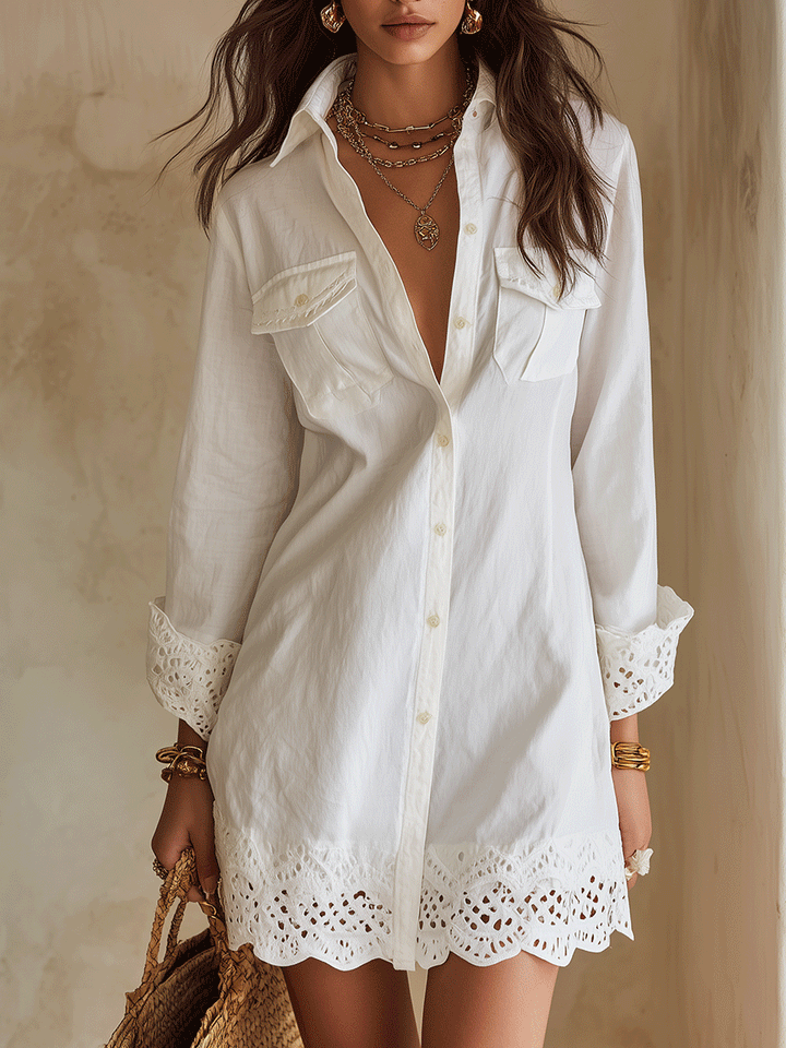 Mini Abito Camicia Bianco Boho con Orlo Ricamato