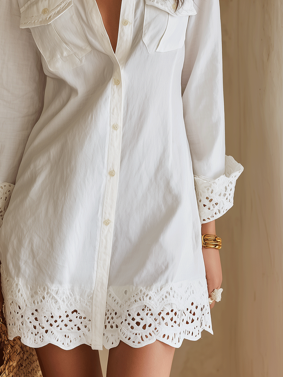 Mini Abito Camicia Bianco Boho con Orlo Ricamato