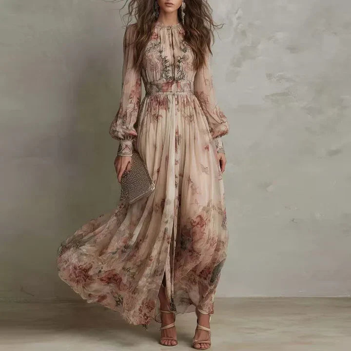 Amelia | Abito Lungo Floreale Vintage a Vita Alta
