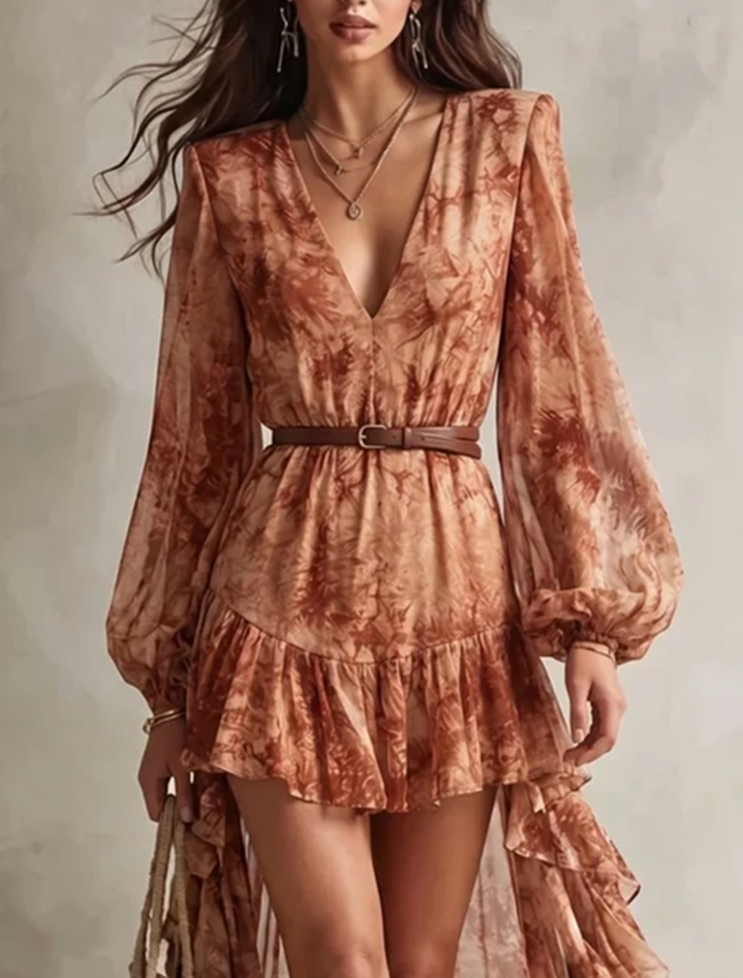 Clementina | Terracotta Floral Long-Sleeve V-Neck Mini Dress