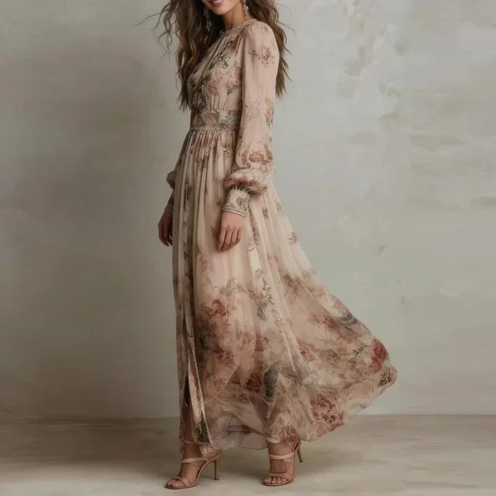 Amelia | Abito Lungo Floreale Vintage a Vita Alta