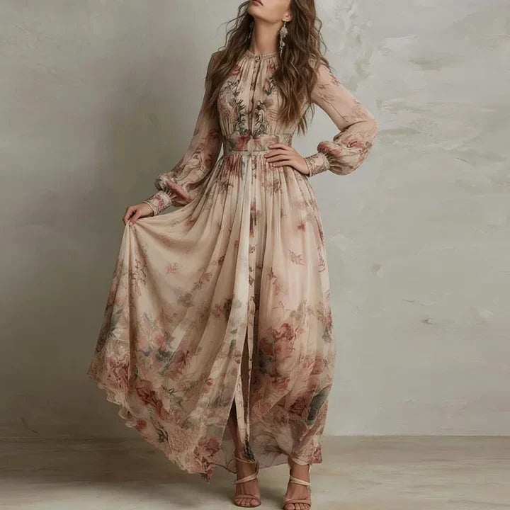 Amelia | Abito Lungo Floreale Vintage a Vita Alta
