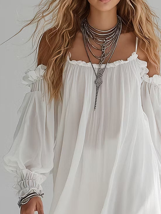 Romina | Flowing Bohemian Off-the-Shoulder Mini Dress