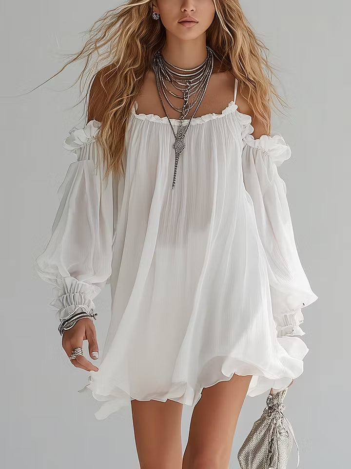 Romina | Flowing Bohemian Off-the-Shoulder Mini Dress