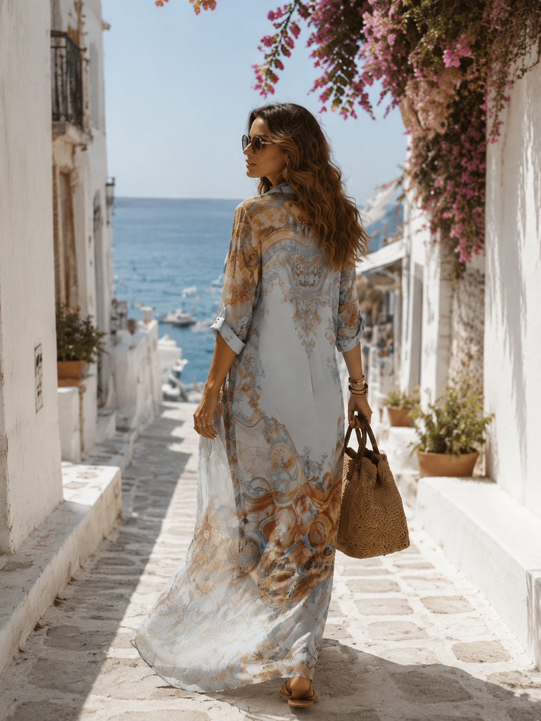Abito Maxi in Chiffon Blu Floreale Stile Barocco