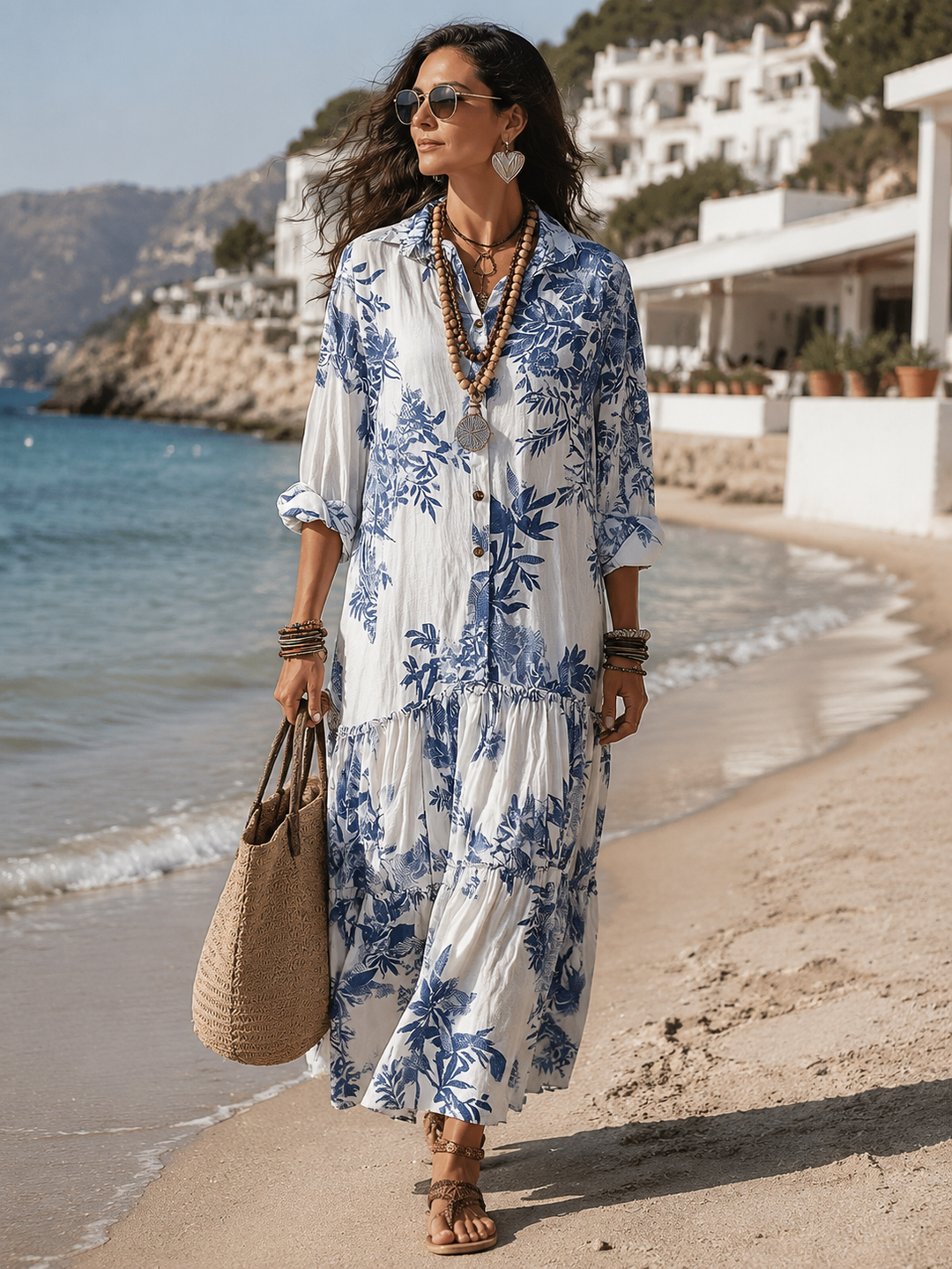 Abito Maxi Boho Blu Floreale con Bottoni