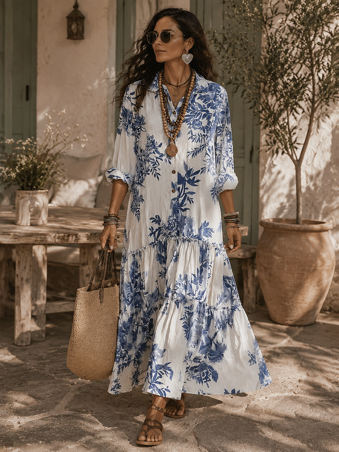 Abito Maxi Boho Blu Floreale con Bottoni
