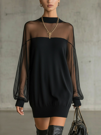 Domitilla | Black High-Neck Mini Dress with Sheer Mesh Sleeves