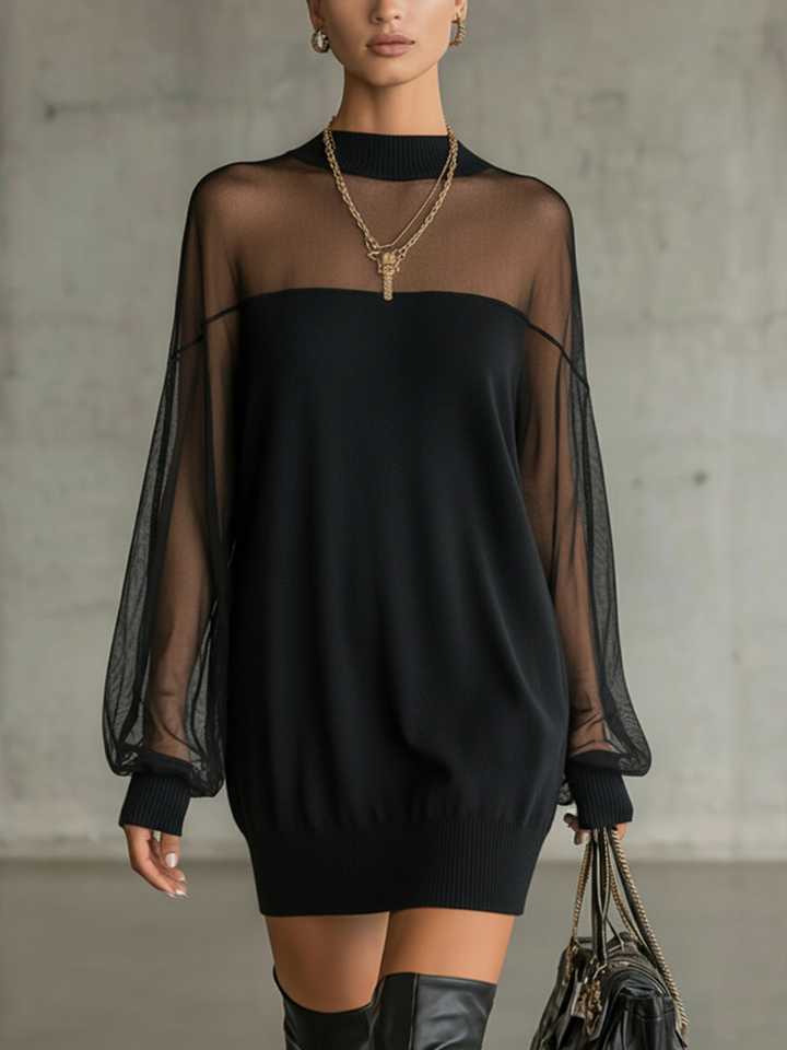 Domitilla | Black High-Neck Mini Dress with Sheer Mesh Sleeves