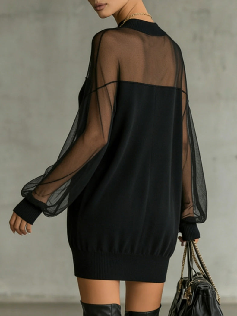 Domitilla | Black High-Neck Mini Dress with Sheer Mesh Sleeves