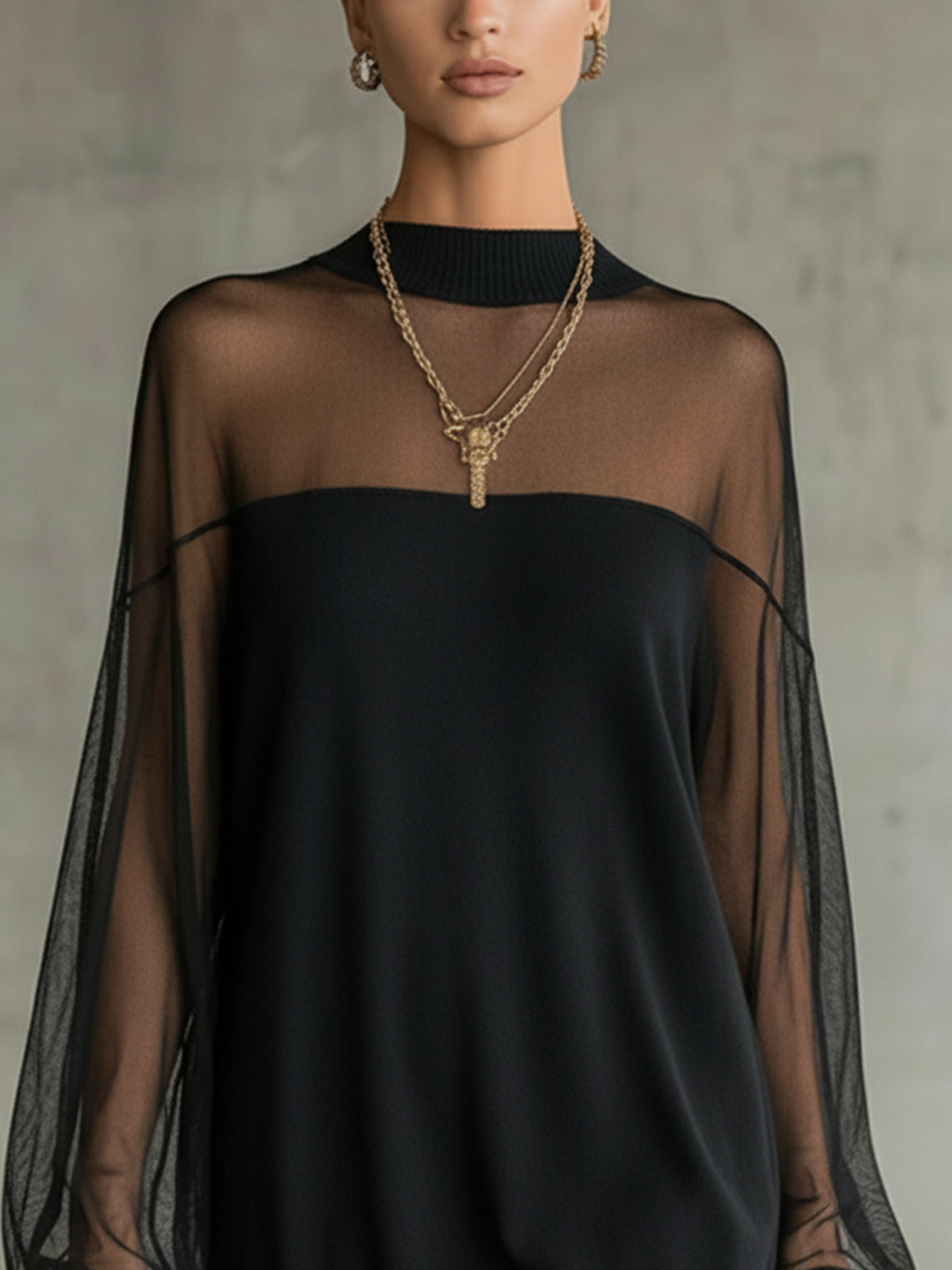 Domitilla | Black High-Neck Mini Dress with Sheer Mesh Sleeves