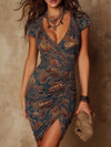 Brunella | Dark Blue Paisley V-Neck Ruched Bodycon Mini Dress