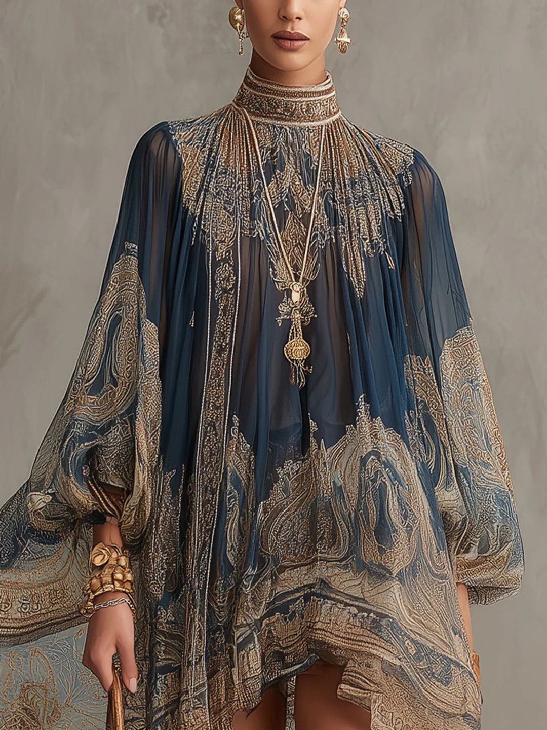 Berenice | Navy Baroque-Print High-Neck Asymmetric Mini Dress