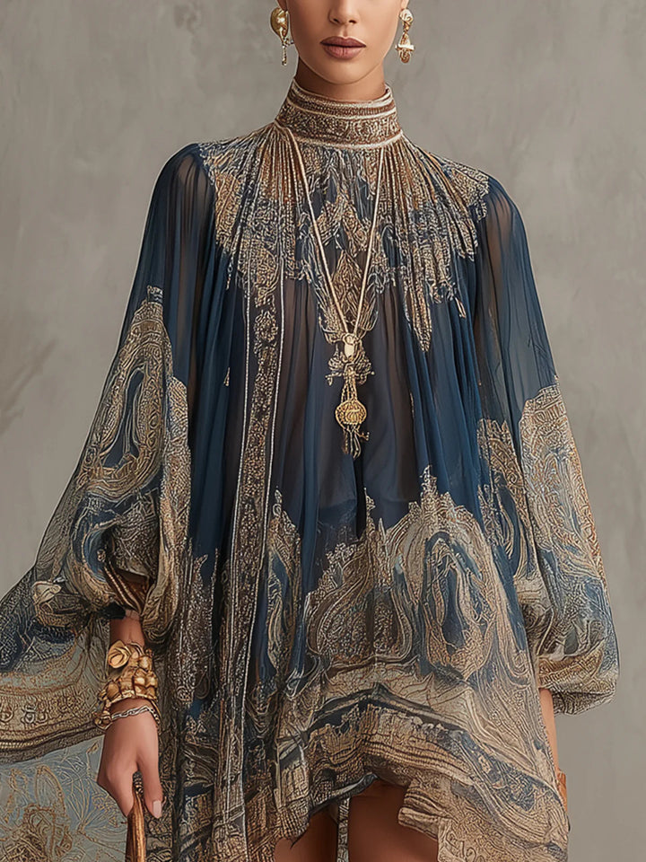 Berenice | Navy Baroque-Print High-Neck Asymmetric Mini Dress
